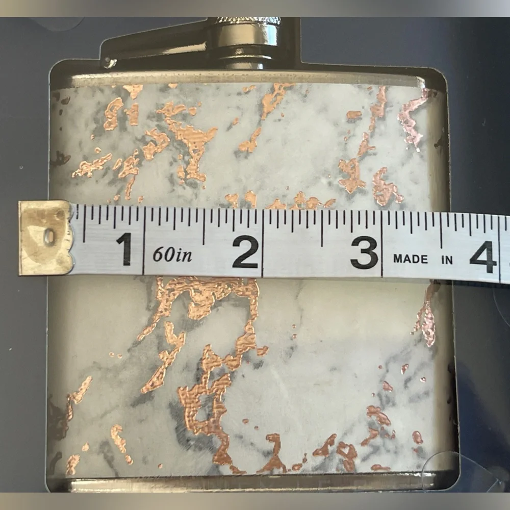 NIB Dabney Lee Flask 6 Oz Stainless Steel White W/Copper & Gray Marble Design - Picture 5 of 5